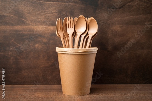 Wooden forks and spoons in a paper cup. Zero waste concept.