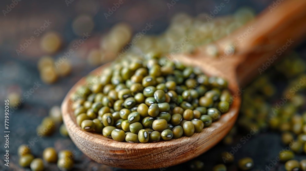 Close-up of wooden spoon overflowing with raw mung beans on a pure background Close-up of wooden spoon overflowing with raw mung beans on a pure background