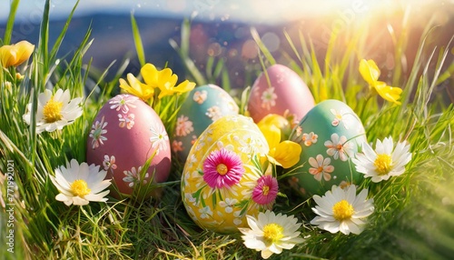 Spring Renewal: Colorful Easter Eggs Enhanced with Fresh Flowers in the Grass