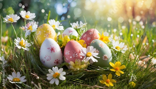 Festive Easter Delight: Colorful Eggs Adorned with Flowers in the Grass