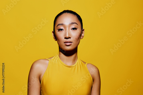 Trendy woman swimsuit cute portrait summer fashion beauty surprised yellow mouth expression smile