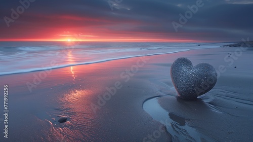 Dawn's light embraces tranquil shores, heart in sand whispers of romance