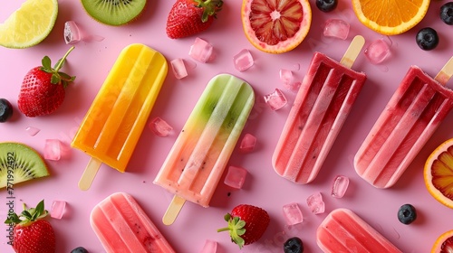 Overhead vibrant assortment of fruit popsicles with summer drink on pink backdrop