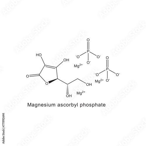 Magnesium ascorbyl phosphate skeletal structure diagram.Vitamin C derivative compound molecule scientific illustration on white background.