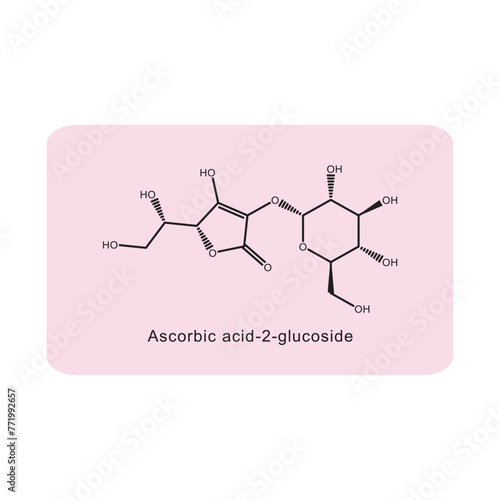 Ascorbic acid-2-glucoside skeletal structure diagram.Vitamin C derivative compound molecule scientific illustration on pink background.