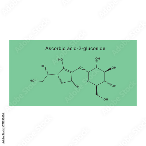 Ascorbic acid-2-glucoside skeletal structure diagram.Vitamin C derivative compound molecule scientific illustration on green background.