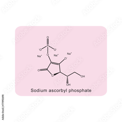 Sodium ascorbyl phosphate skeletal structure diagram.Vitamin C derivative compound molecule scientific illustration on pink background.