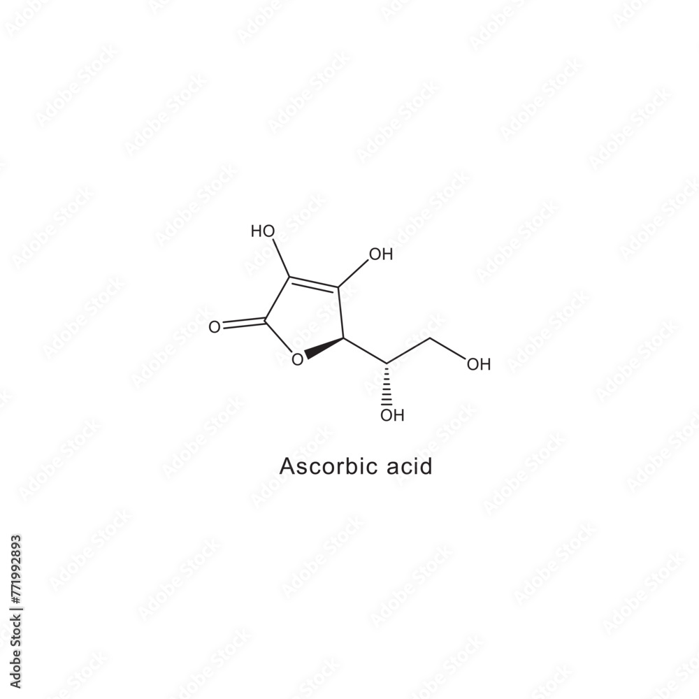 Ascorbic acid skeletal structure diagram.Vitamin C derivative compound molecule scientific illustration on white background. Ascorbic acid skeletal structure diagram.Vitamin C derivative compound molecule scientific illustration on white background.