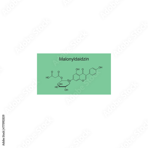 Malonylgenistin skeletal structure diagram.Isoflavanone compound molecule scientific illustration on green background. photo