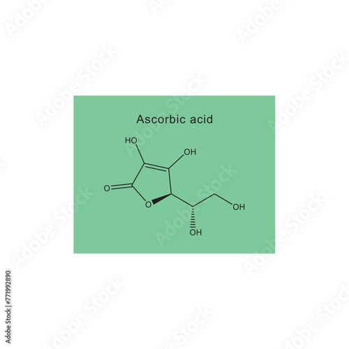 Ascorbic acid skeletal structure diagram.Vitamin C derivative compound molecule scientific illustration on green background.