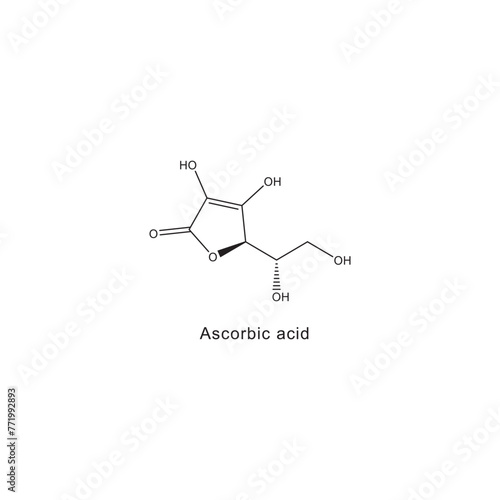 Ascorbic acid skeletal structure diagram.Vitamin C derivative compound molecule scientific illustration on white background.