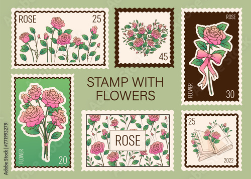 Collection postage stamps with illustration of rose flowers, bouquets. Vector illustration perfect for design of flower shop, envelope decoration.	