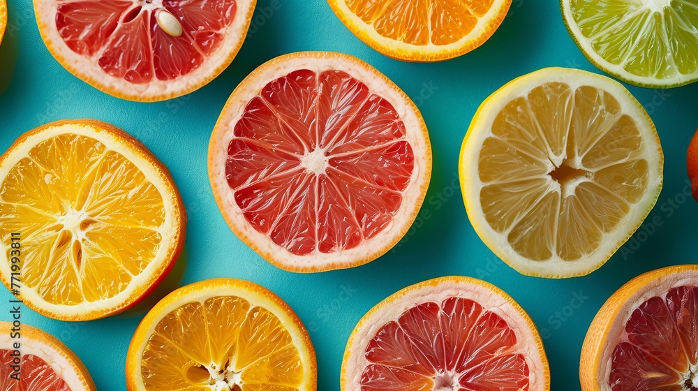 Obraz premium Citrus fruit slices spread on a teal backdrop