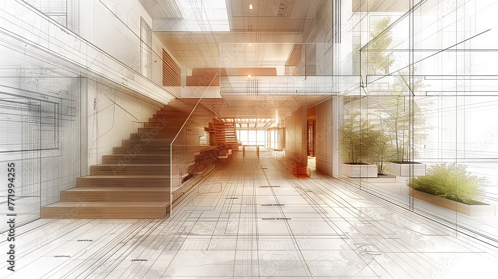Intricate architectural draft with a glimpse into urban home living Intricate architectural draft with a glimpse into urban home living