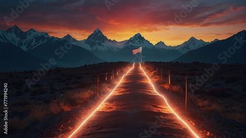 Journey Towards Success: Illuminated Path Leading Up the Mountain photo