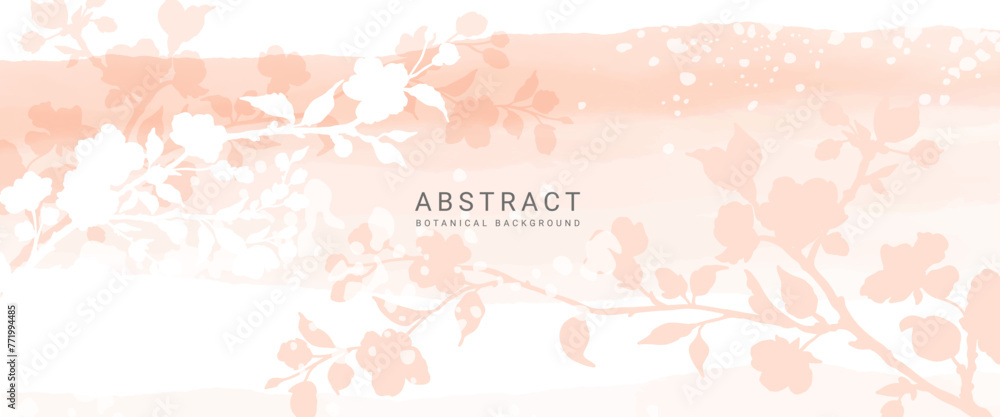 Pink watercolor background with hand drawn silhouettes of spring flowering branches. Elegant vector illustration for wall decor, card, wedding invitation, packaging, print, cover, banner, poster
