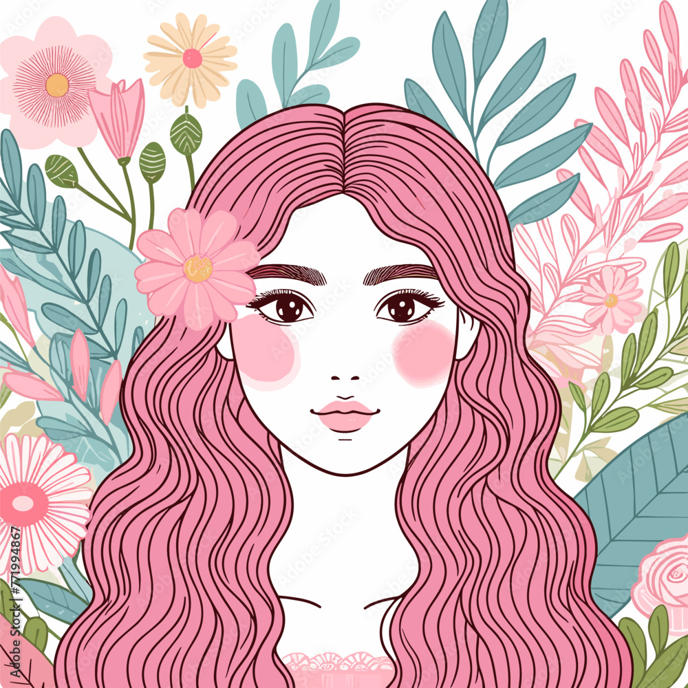 Pastel drawing of a woman with pink hair and leaf decorations Pastel drawing of a woman with pink hair and leaf decorations