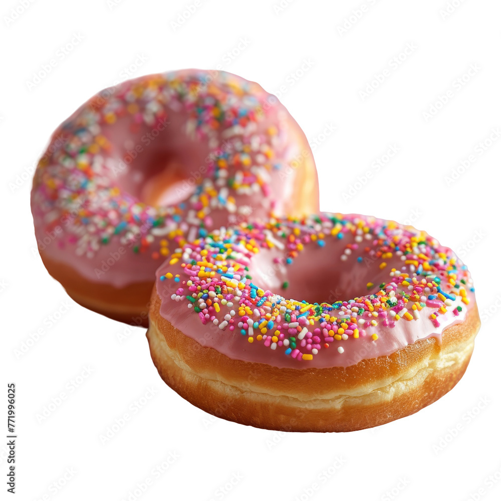 Two pinkfrosted doughnuts with sprinkles on a transparent background Two pinkfrosted doughnuts with sprinkles on a transparent background