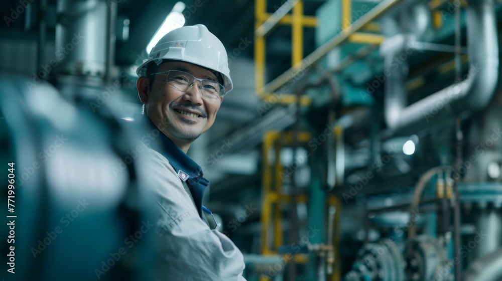 A smiling asian worker in an industrial valve factory, exuding safety and control. Factory mechanisms, precision tools, pipes and levers on the background. A smiling asian worker in an industrial valve factory, exuding safety and control. Factory mechanisms, precision tools, pipes and levers on the background.