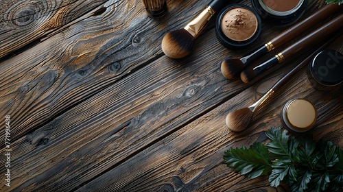 Elegant arrangement of cosmetic tools on a wooden surface