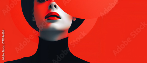 Illustration with a woman with red lips and a black hat in front of a red background