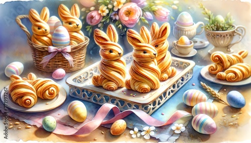 Watercolor Painting of Easter Bunny Twists, in an Easter Day Theme