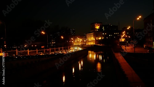 Wallpaper Mural night city river, reflections of lanterns in the water. black color. traffic jams, street lighting 4k Moscow, Russia Torontodigital.ca