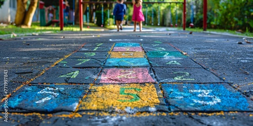 A nostalgic game of number jumping on an asphalt playground, symbolizing childhood innocence and enjoyment during breaks or after school. © ckybe