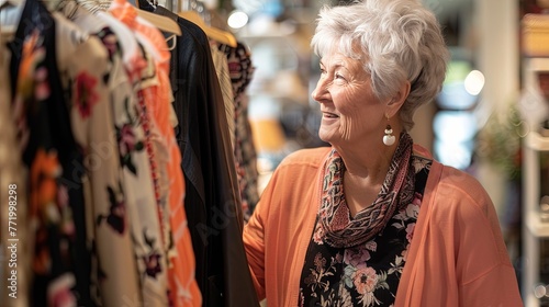 A delighted senior woman with white hair and a bright smile browses through floral garments at a clothing store, enjoying a leisurely shopping day. Joyful Senior Lady Shopping for Colorful Clothes