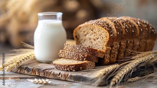 Sliced bread and glass of milk with wheat stalks on a rustic wooden table photo