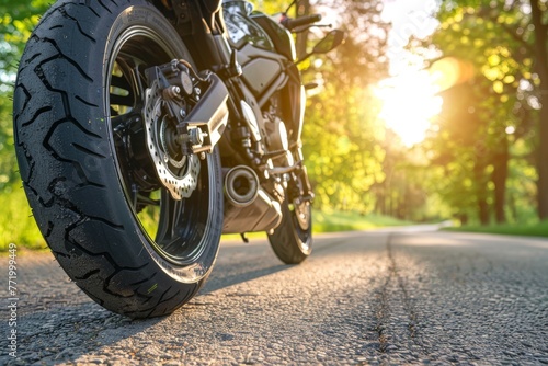 motorcycle on the road, summer tires in the blooming spring in the sun, Generative AI