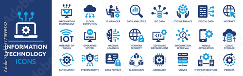 Information Technology icon set. Containing cloud computing, IT manager, big data, data analytics, internet, network security and more. Solid vector icons collection. photo