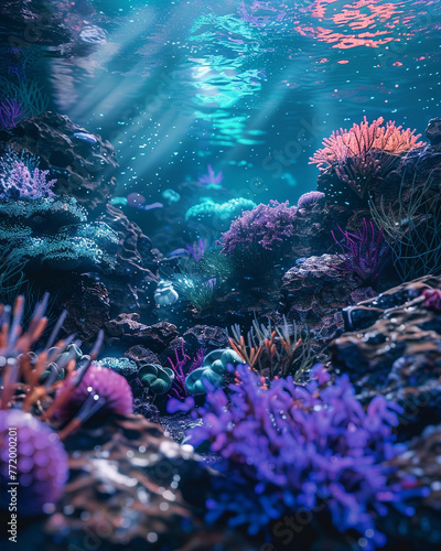 Underwater scene, coral reefs in vibrant colors, forming natural geometric patterns. A strange, solitary light burns underwater. Hyperrealistic, low noise, no overlay.