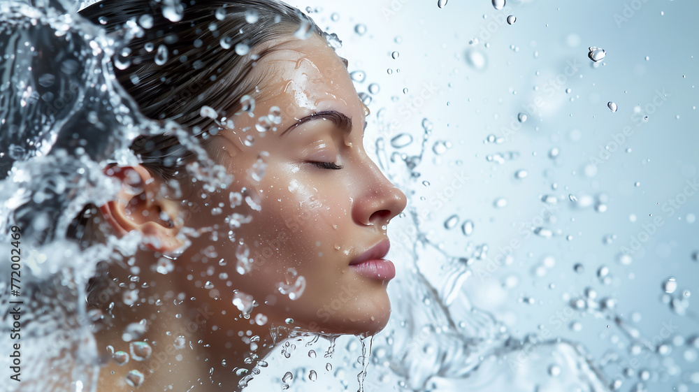 Close-up of a serene woman's face with water splash around her. Skincare and SPA concept. Close-up of a serene woman's face with water splash around her. Skincare and SPA concept.