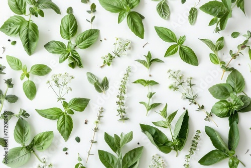 Delicate abstract herb motifs, inspired by fragrant basil and aromatic mint, adorn a pristine white backdrop, infusing the scene with the essence of culinary freshness and flavor.