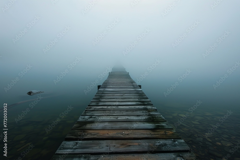 A wooden pier extending out over a calm lake.
