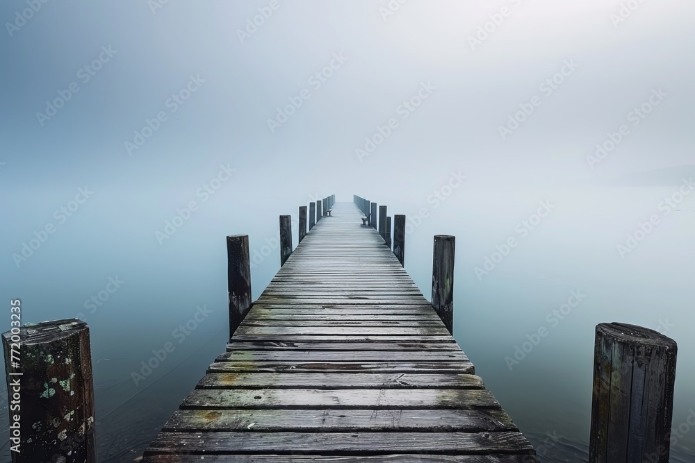 A wooden pier extending out over a calm lake.