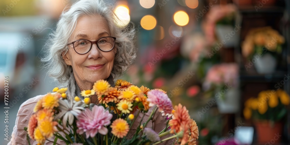 portrait of happy mature woman with flowers outdoors. ai generated portrait of happy mature woman with flowers outdoors. ai generated