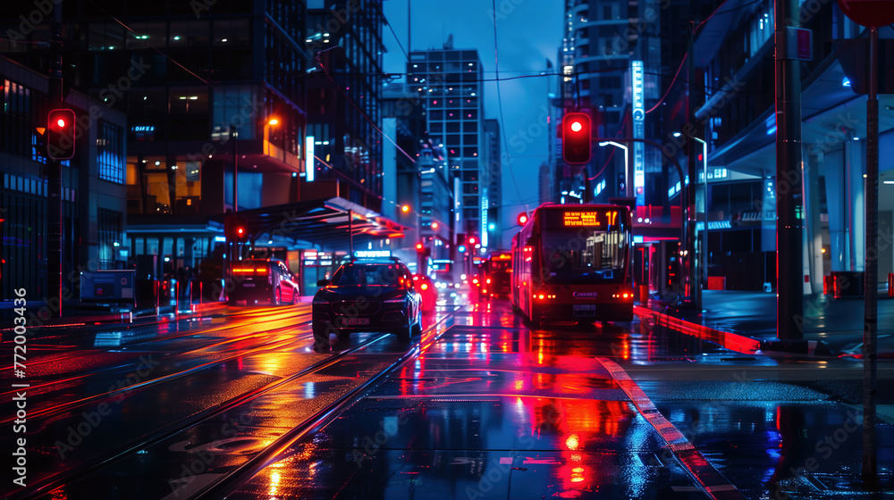Fototapeta premium Bustling city street night scene,created with Generative AI tecnology.