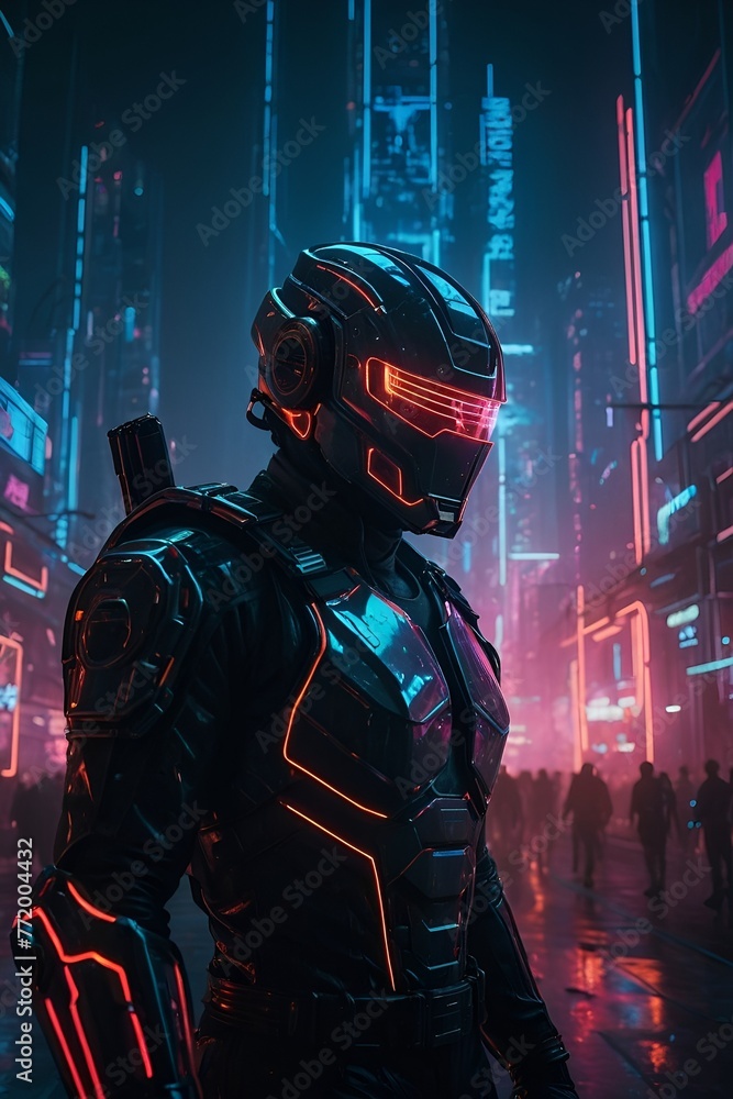Futuristic soldier in neon lit alley