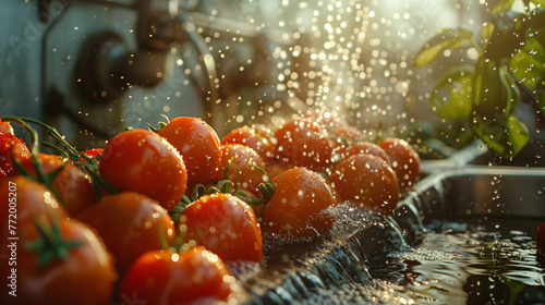 Vibrant red tomatoes with fresh water droplets being washed in a kitchen sink, with sunlight enhancing their fresh appeal.
