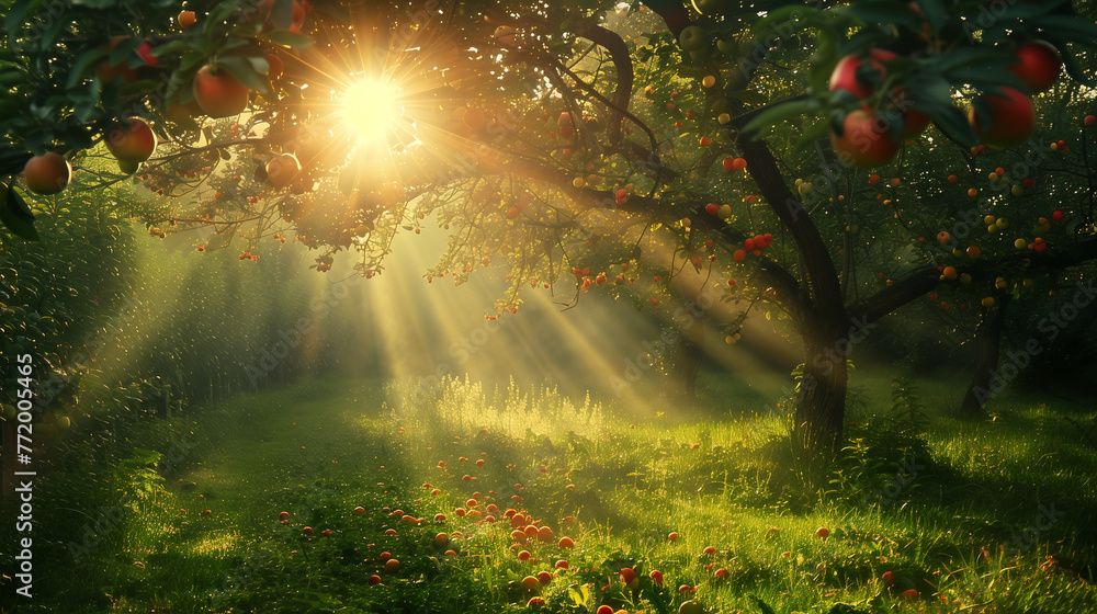 Morning sunlight pierces through an apple orchard, rays illuminating the ripe fruits and dewy grass, signifying a new day. - obrazy, fototapety, plakaty 