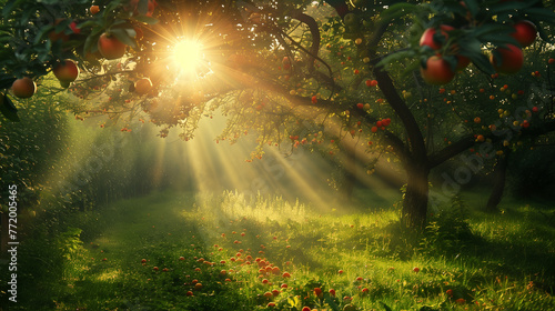 Morning sunlight pierces through an apple orchard, rays illuminating the ripe fruits and dewy grass, signifying a new day. photo