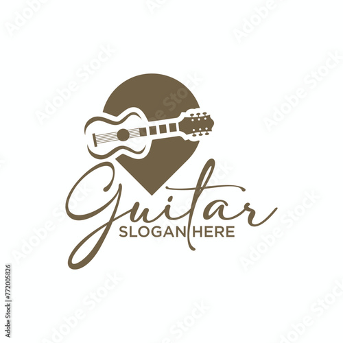 Guitar logo illustration for acoustic and electric guitar shop music festival guitar instrument logo