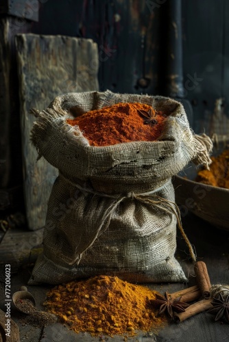 Spice bag of turmeric and cinnamon against a vintage rustic background. Ecological concept. Rural lifestyle. Farming. For banners, posters, postcards. Space for text. Layout, layout. photo