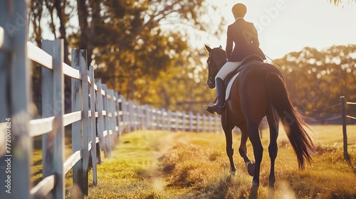 Interacting with animals improves people's mental health. A horse with a rider in a corral runs along a white fence