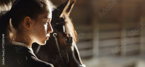 A student girl at an equestrian academy in a corral with a horse. Portrait in profile of a beautiful young woman and the muzzle of a horse illuminated by daylight in a dark stable