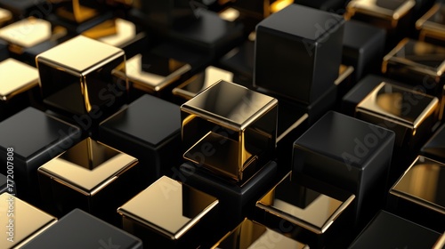 Black and Gold Cubes on Abstract Background - Golden Metallic Boxes for Wallpaper or Decoration