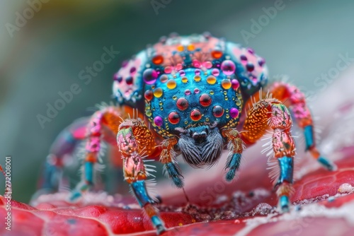 A close-up of a colorful jumping spider perched on a bright pink leaf. The spider has eight legs and two large eyes.