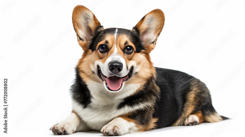 Tricolor Corgi smiling and poised on white, happy pet